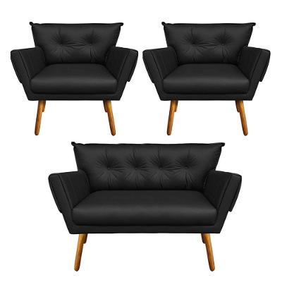 Kit 01 Namoradeira 02 Poltronas Corino Preto