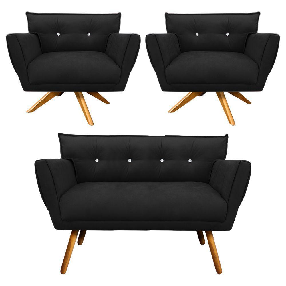 Kit 01 Namoradeira E 02 Poltronas Anitta Suede Preto - 3