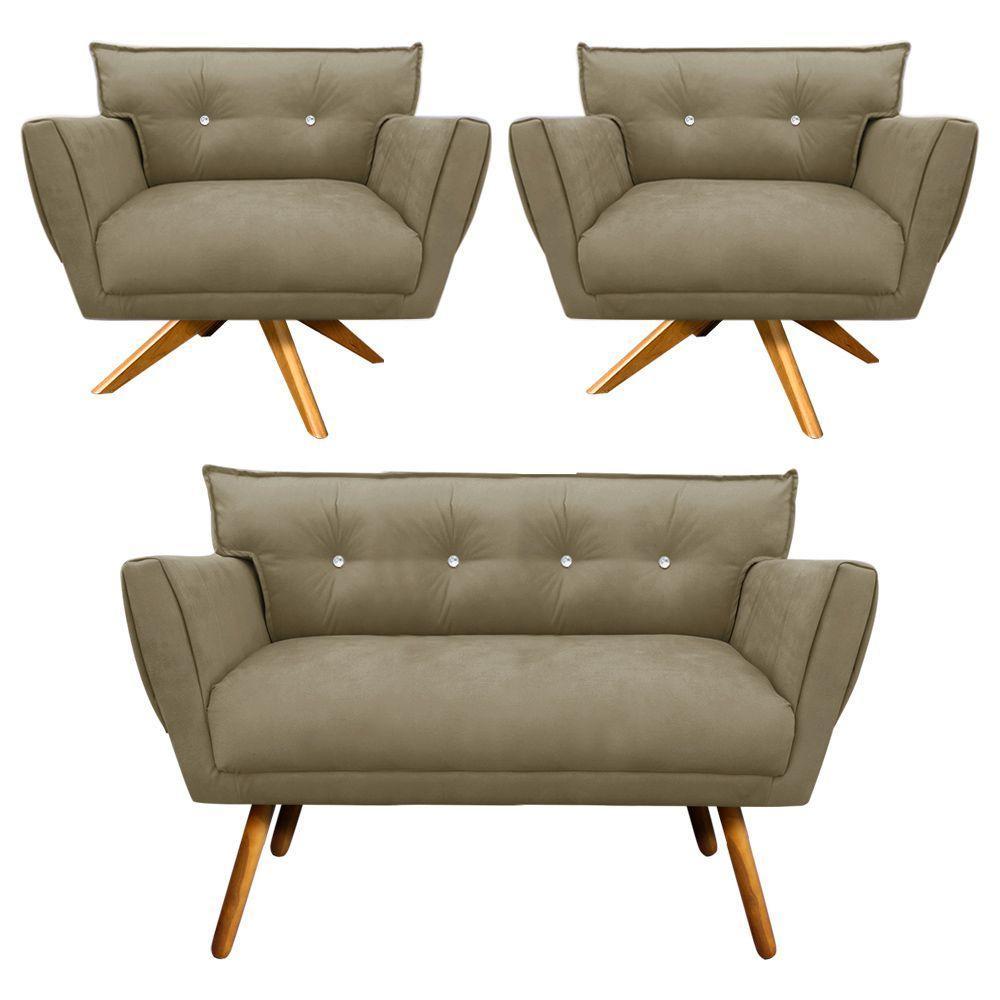 Kit 01 Namoradeira E 02 Poltronas Anitta Suede Marrom Rato - 1