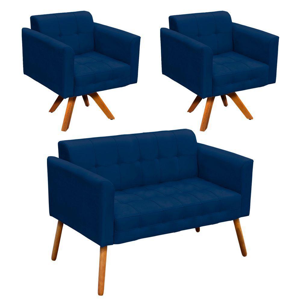 Kit 01 Namoradeira E 02 Poltronas Elisa Suede Azul Marinho - 10