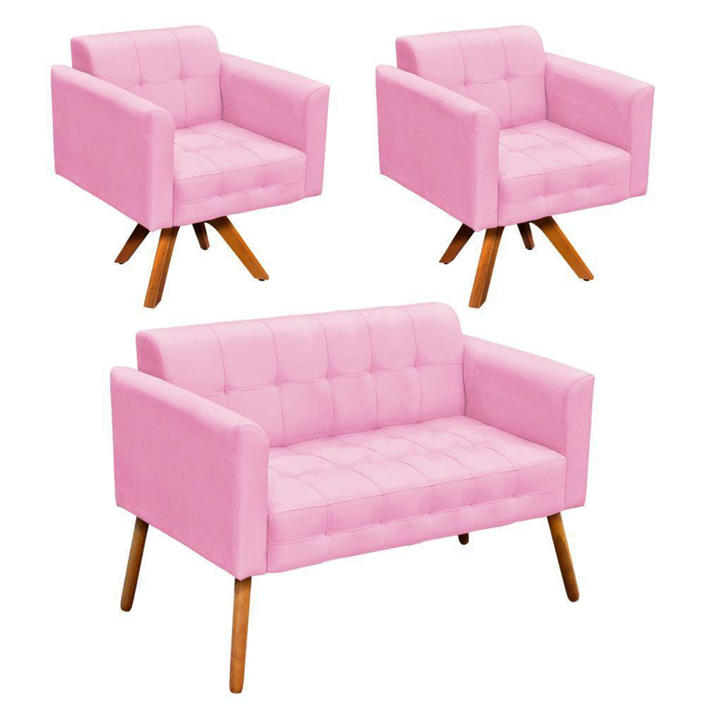 Kit 01 Namoradeira E 02 Poltronas Elisa Suede Rosa Bebê - 1