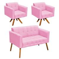 Kit 01 Namoradeira E 02 Poltronas Elisa Suede Rosa Bebê - 1