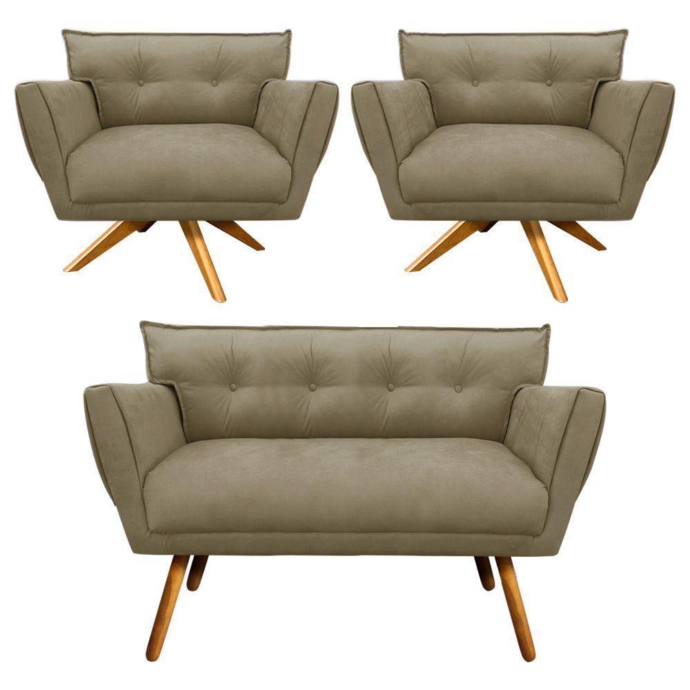 Kit 01 Namoradeira E 02 Poltronas Anitta Suede Marrom Rato - 1