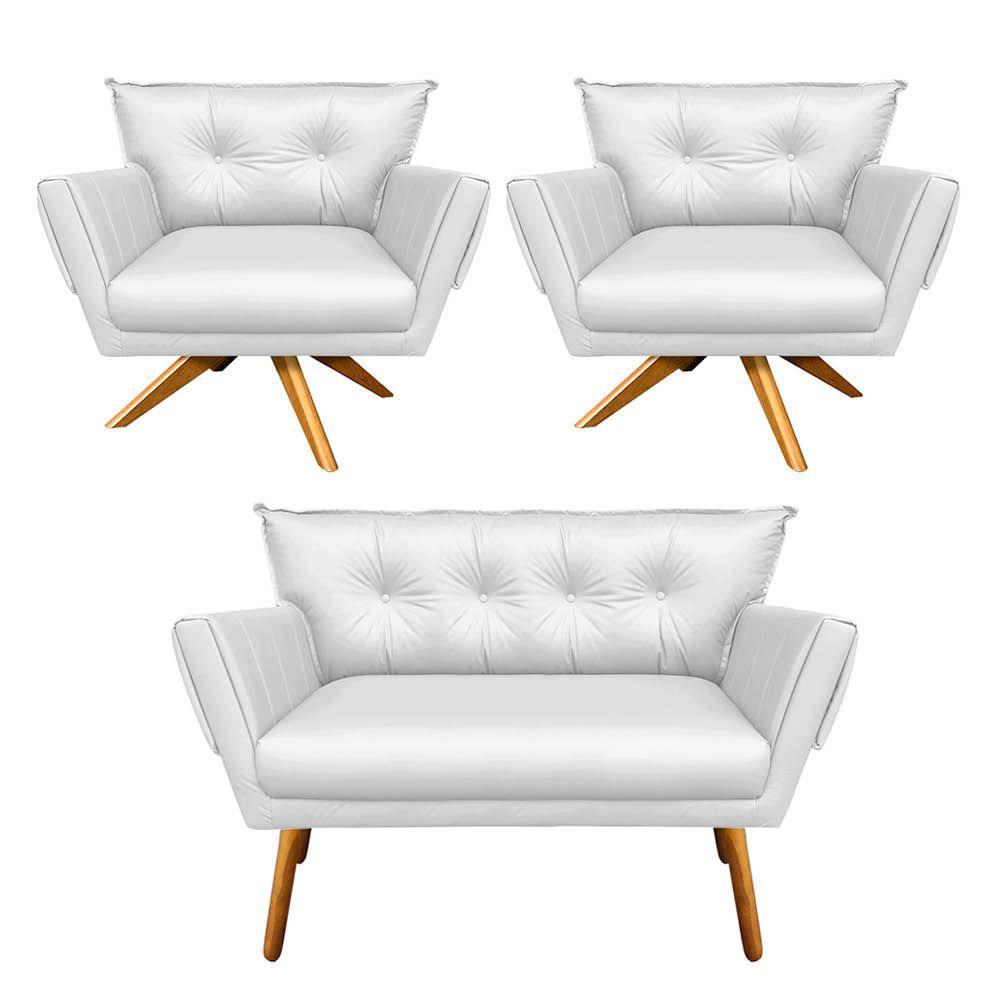 Kit 01 Namoradeira 02 Poltronas Corino Branco Base Madeira - 1