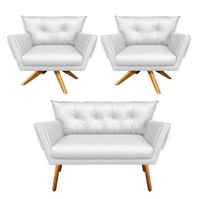 Kit 01 Namoradeira 02 Poltronas Corino Branco Base Madeira