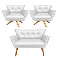 Kit 01 Namoradeira 02 Poltronas Corino Branco Base Madeira - 1