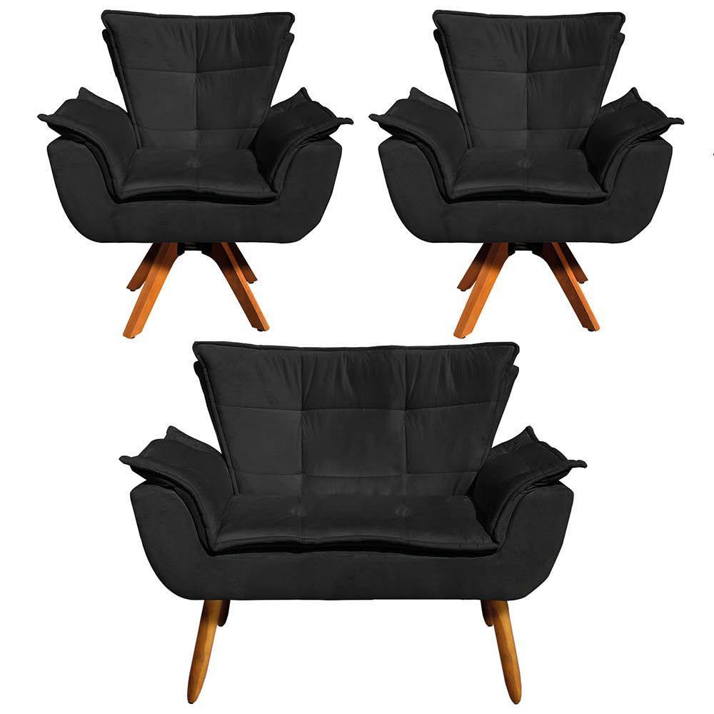 Kit 01 Namoradeira E 02 Poltronas Opala Suede Preto - 3