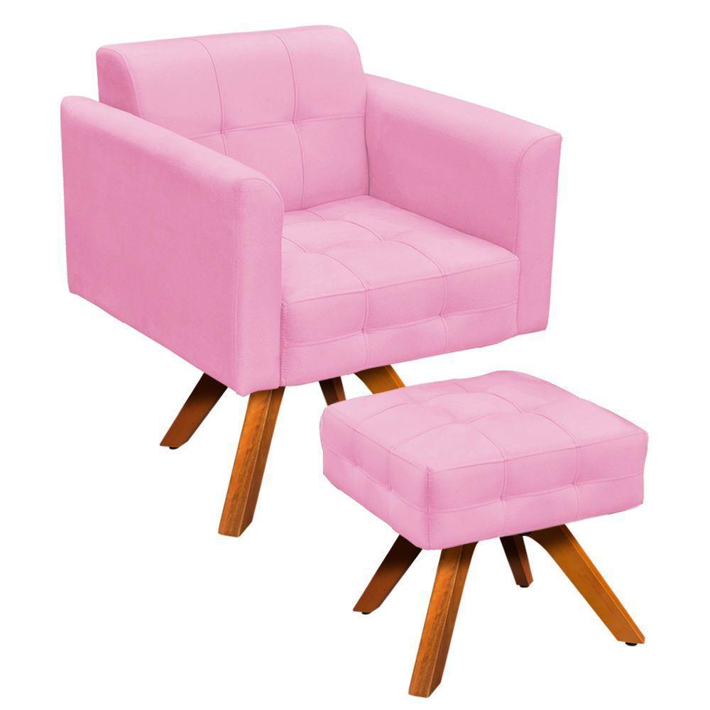 Kit 01 Poltrona E 01 Puff Elisa Suede Rosa Bebê - 1