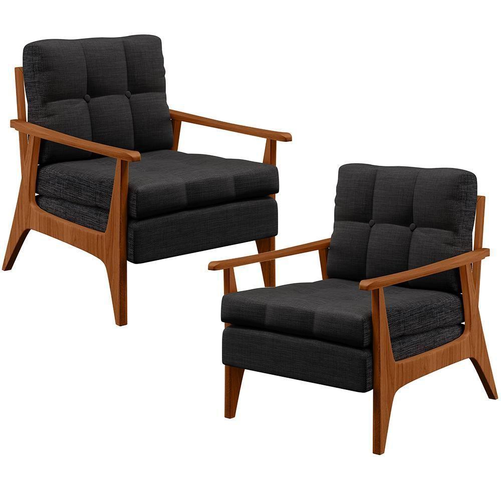 Kit 02 Poltronas Encosto Ripado Emília B04 Linho Chumbo - 1