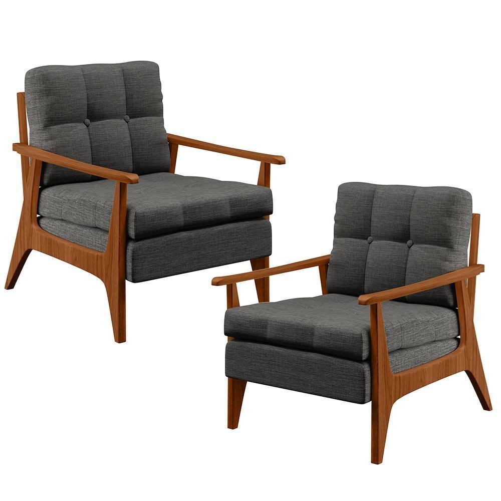 Kit 02 Poltronas Encosto Ripado Linho Cinza Escuro - 1