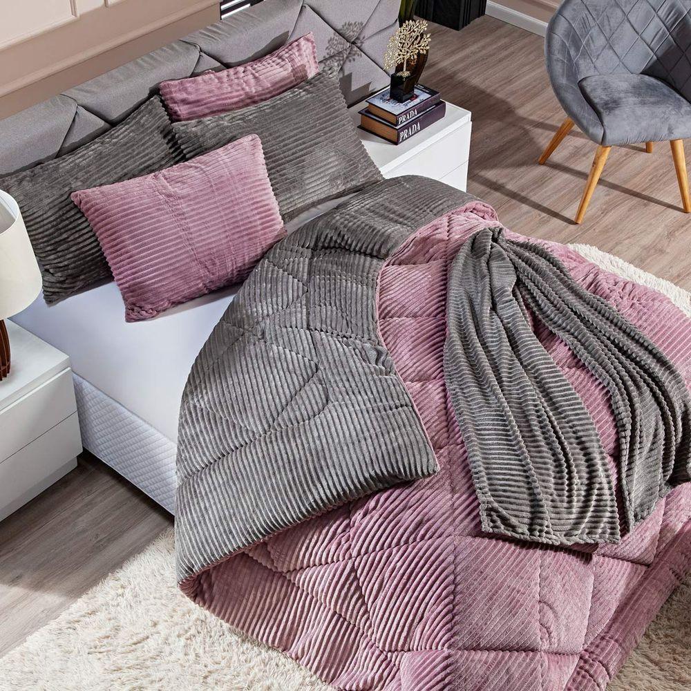 Kit De Peseira Canelada Denver C/ Fronhas 03pçs - Tecido Canelado Mantinha Cinza - 2