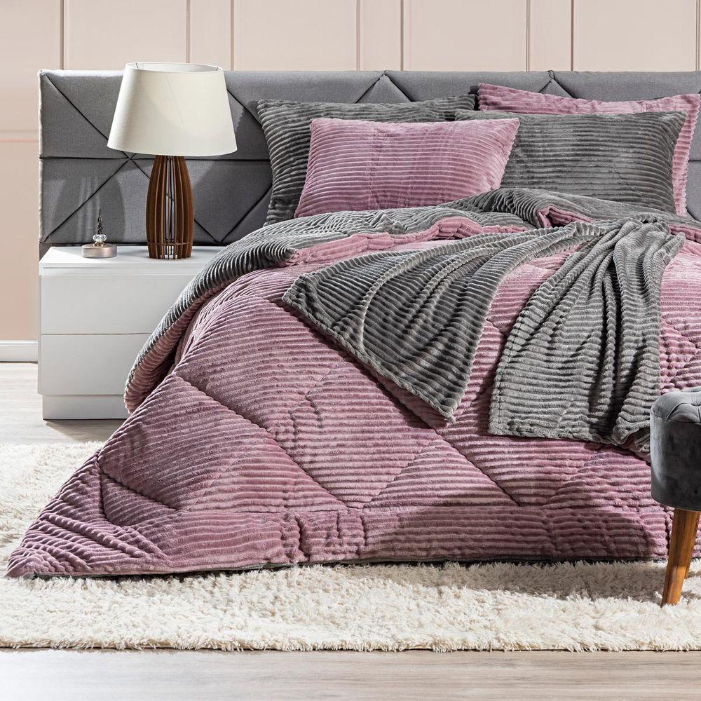 Kit De Peseira Canelada Denver C/ Fronhas 03pçs - Tecido Canelado Mantinha Cinza - 3