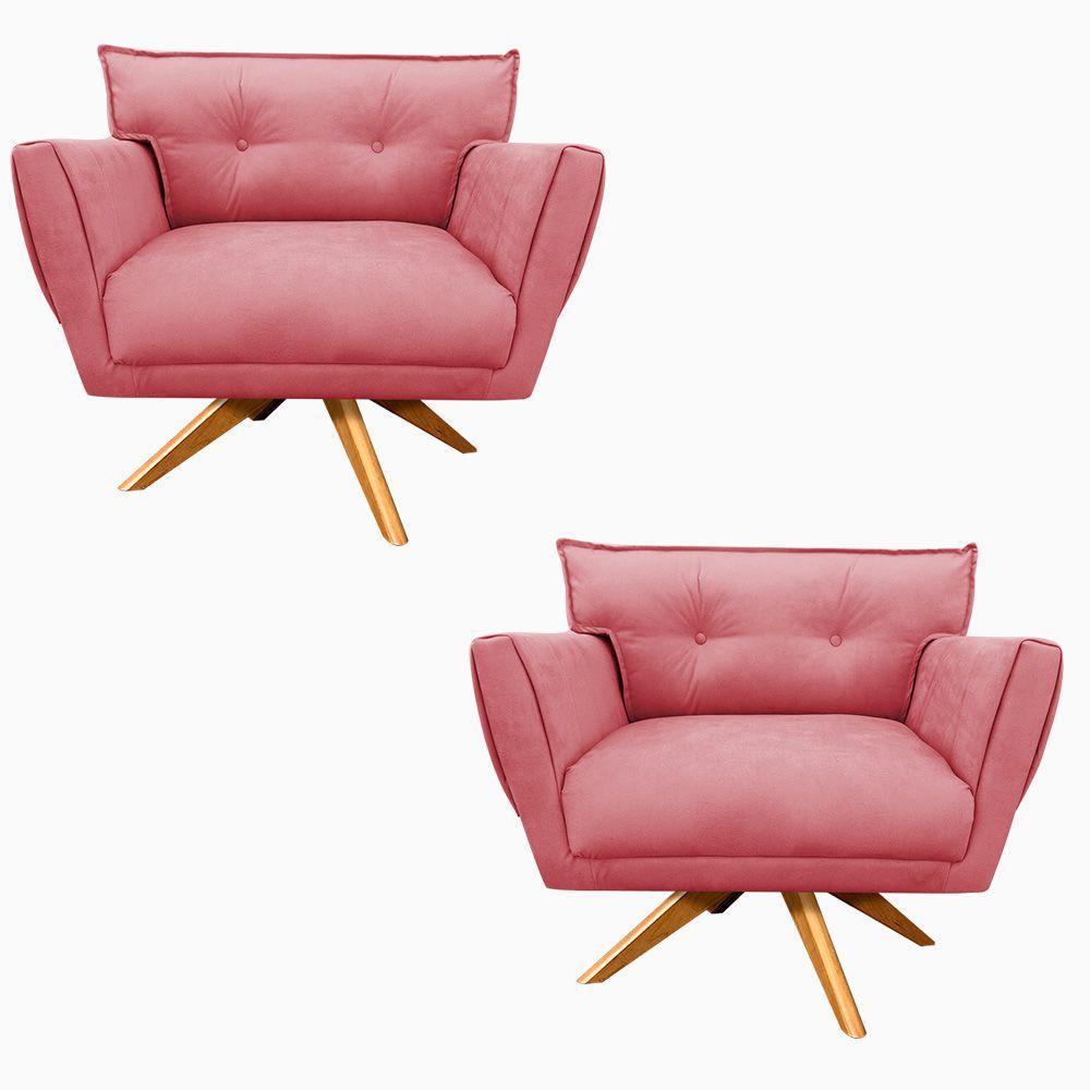 Kit 02 Poltronas Giratória Suede Base Madeira Rose - 1