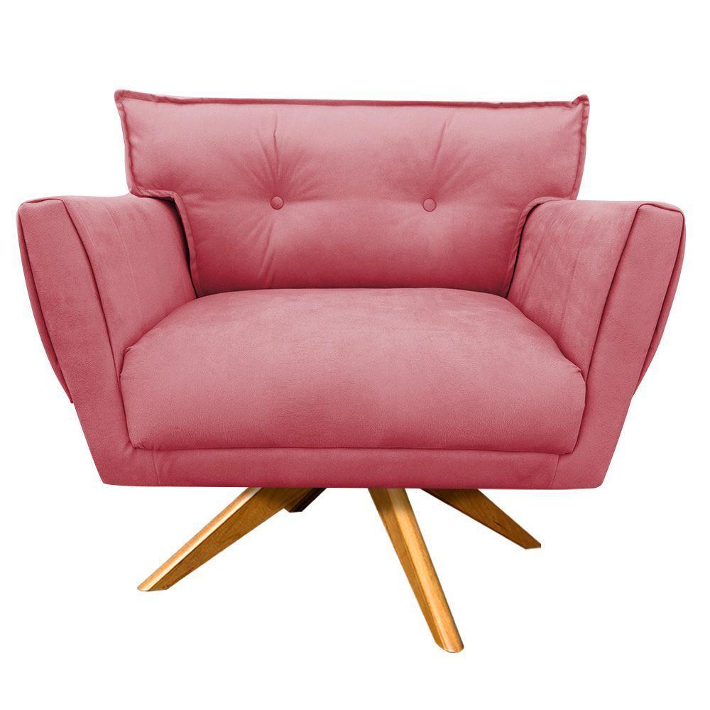 Kit 02 Poltronas Giratória Suede Base Madeira Rose - 2
