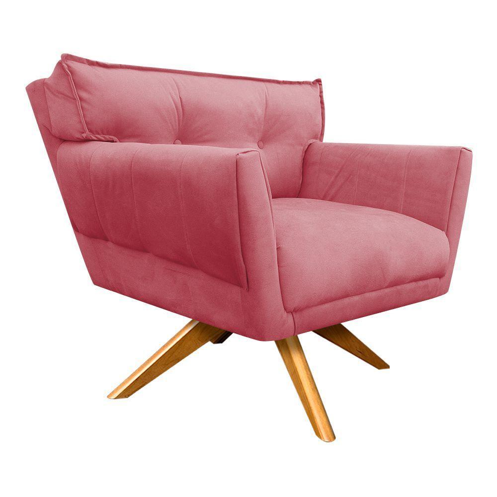 Kit 02 Poltronas Giratória Suede Base Madeira Rose - 7