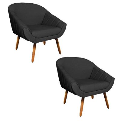 Kit 02 Poltronas Giovana Linho Preto A79 Pés Palito Castanho
