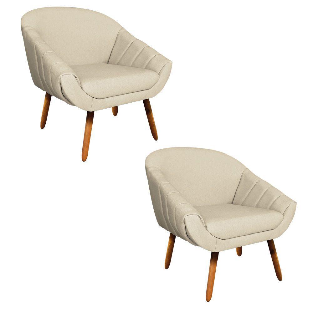 Kit 02 Poltronas Giovana Linho Areia A27 Pés Palito Castanho - 1