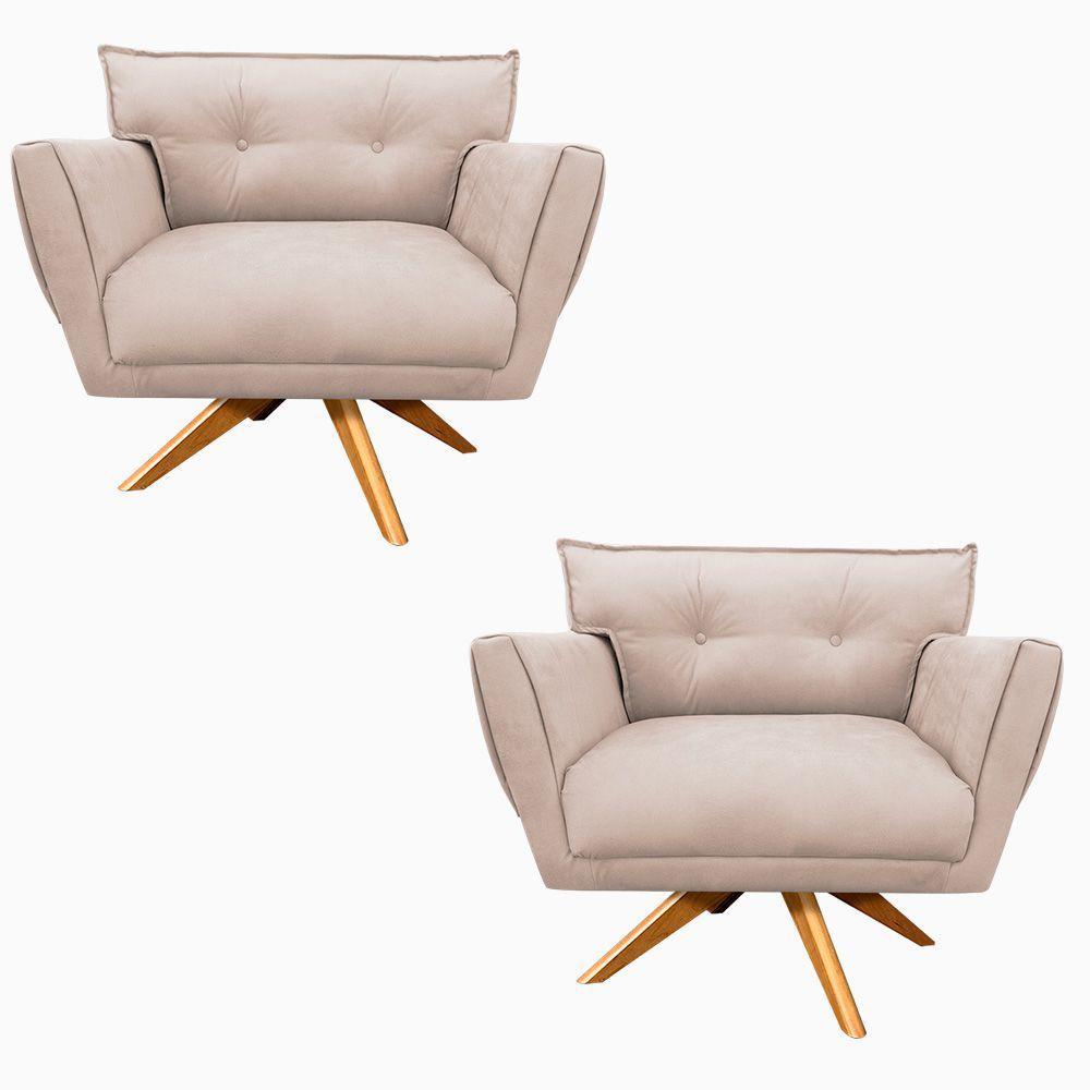 Kit 02 Poltronas Giratória Anitta Suede Base Madeira Bege - 1