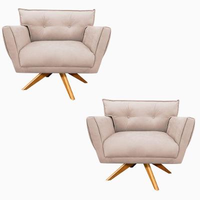 Kit 02 Poltronas Giratória Anitta Suede Base Madeira Bege