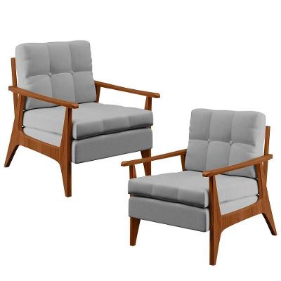 Kit 2 Poltronas Decorativas Emília B04 Encosto Ripado Linho Cinza Lyam Decor