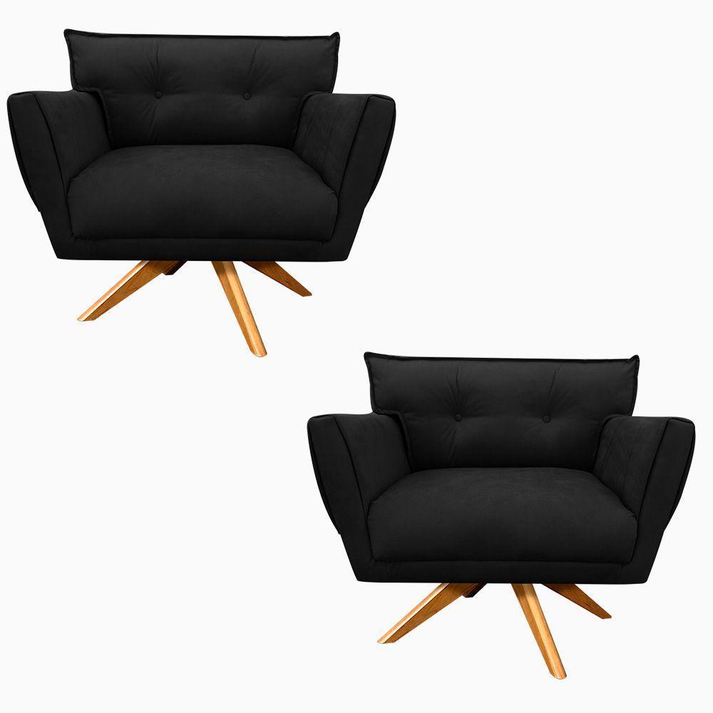 Kit 02 Poltronas Giratória Anitta Suede Base Madeira Preto - 1