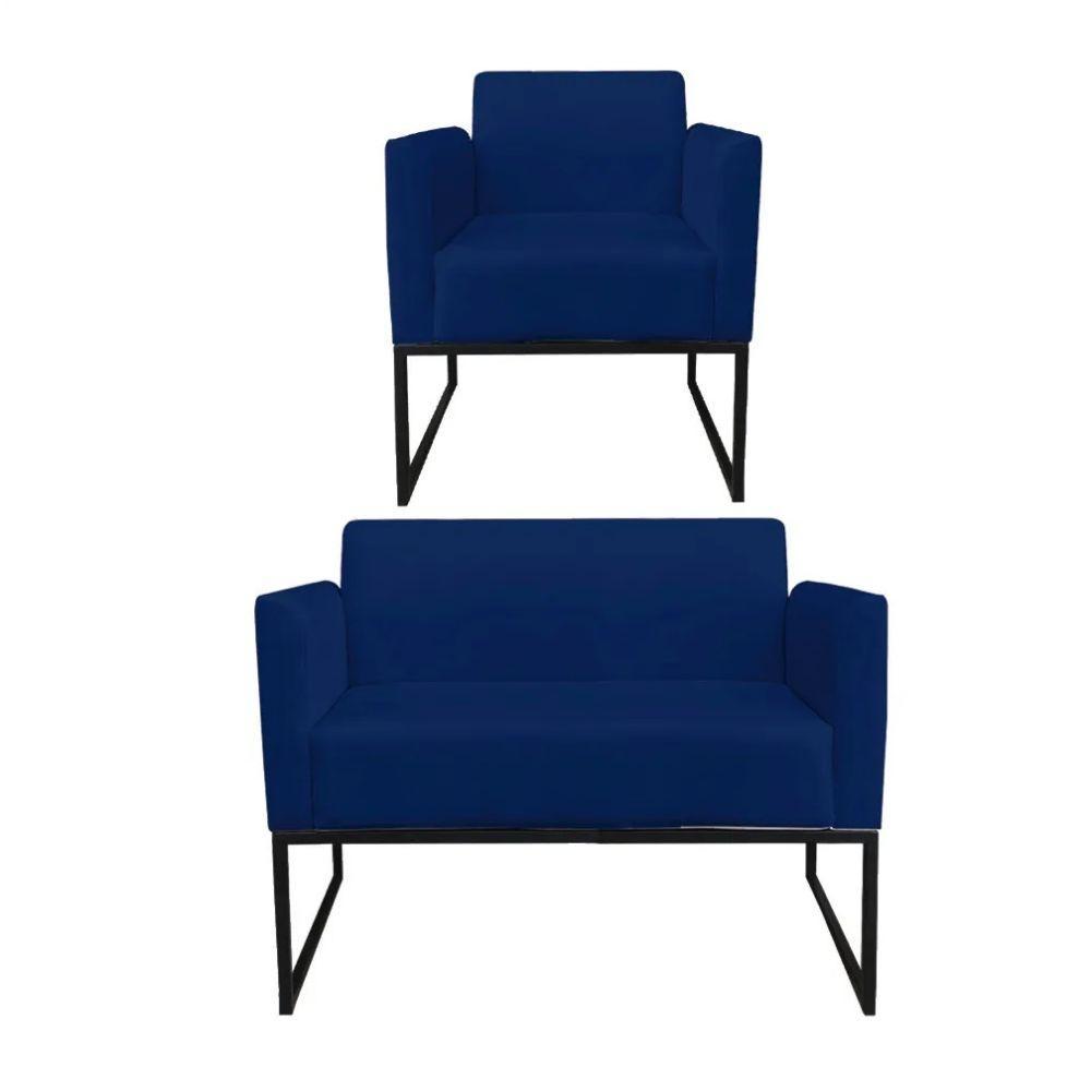 Kit 1 Namoradeira e 1 Poltrona Marisa Suede Azul Marinho - 1