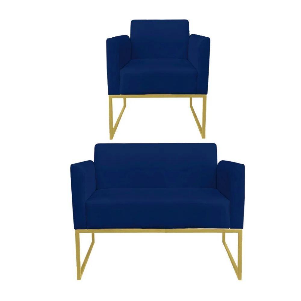Kit 1 Namoradeira E 1 Poltrona Marisa Suede Azul Marinho - 1