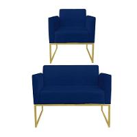 Kit 1 Namoradeira E 1 Poltrona Marisa Suede Azul Marinho - 1