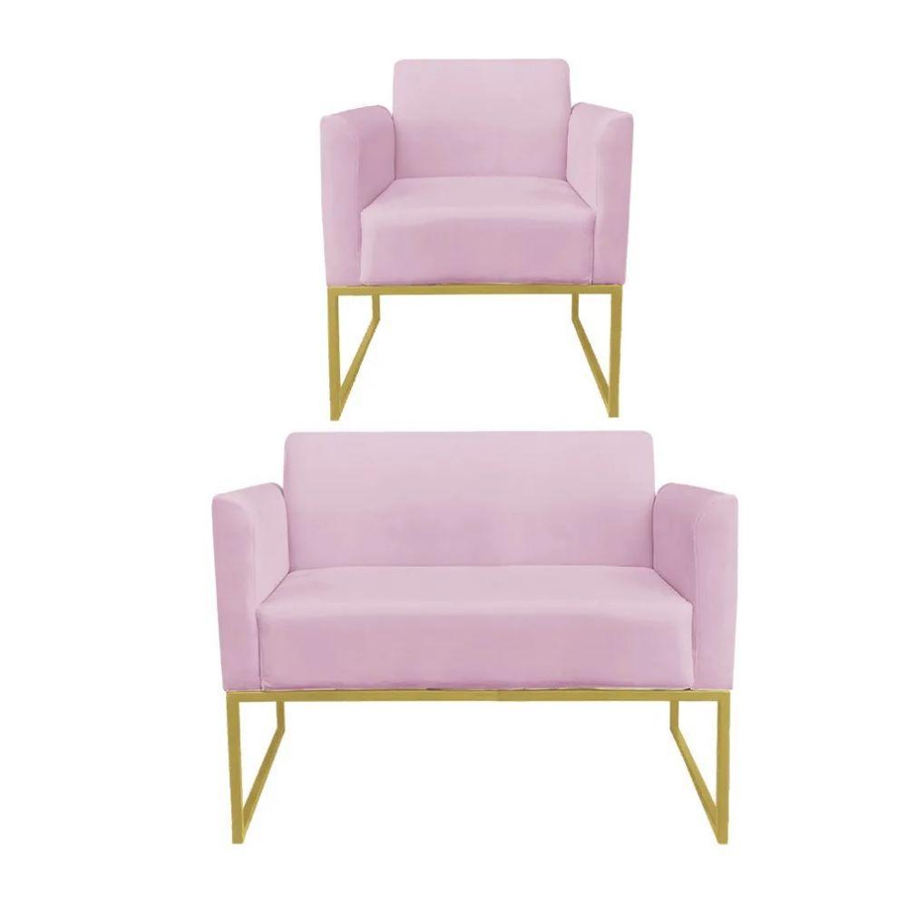 Kit 1 Namoradeira e 1 Poltrona Marisa Suede Rosa Bebê - 1