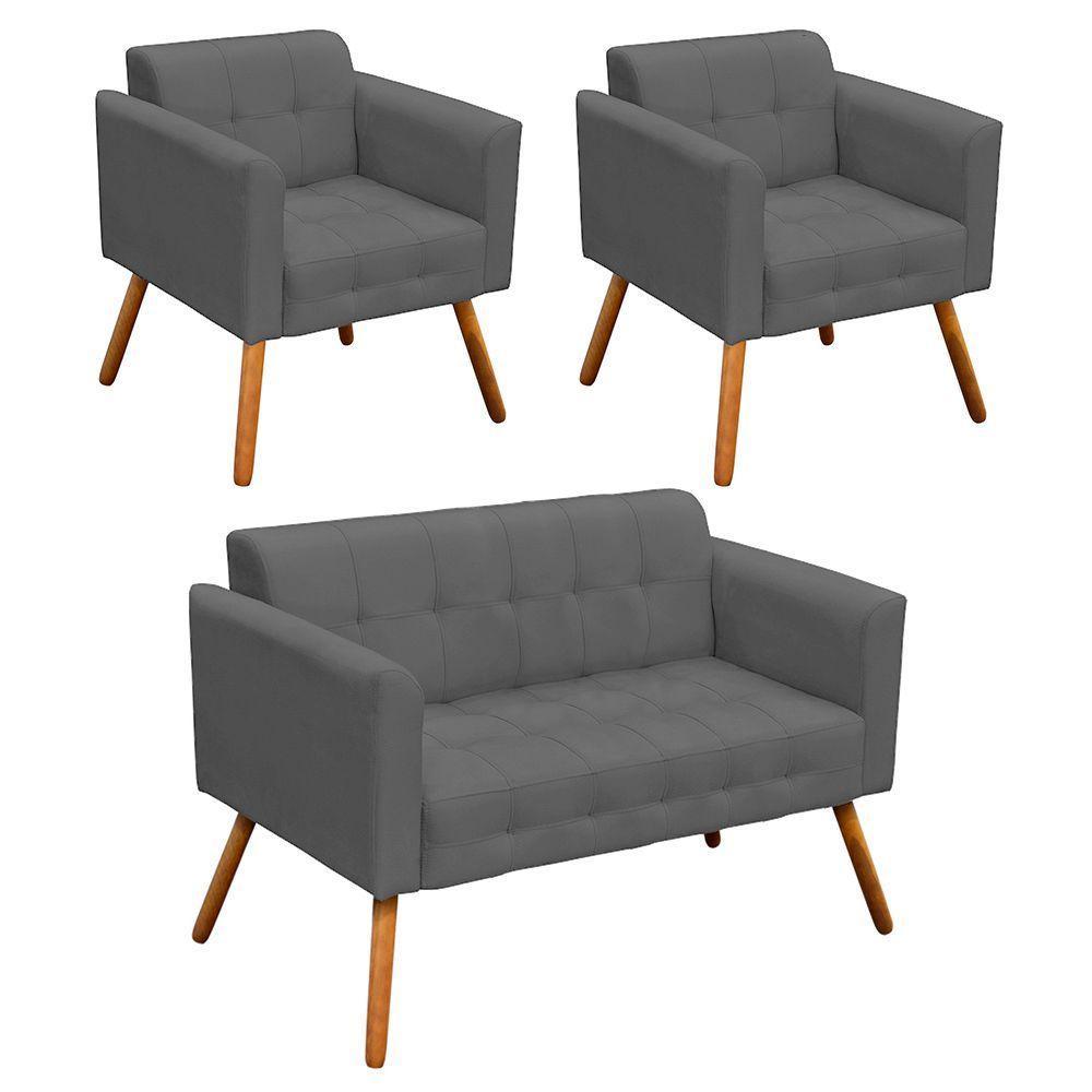 Kit 1 Namoradeira e 2 Poltronas Elisa Suede Grafite - 1