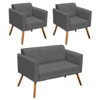 Kit 1 Namoradeira e 2 Poltronas Elisa Suede Grafite - 1