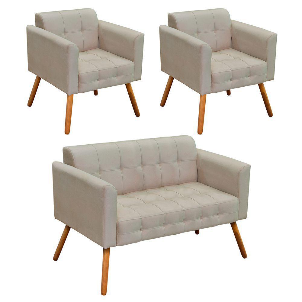 Kit 1 Namoradeira e 2 Poltronas Elisa Suede Bege - 1