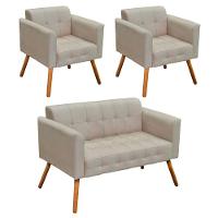 Kit 1 Namoradeira e 2 Poltronas Elisa Suede Bege - 1