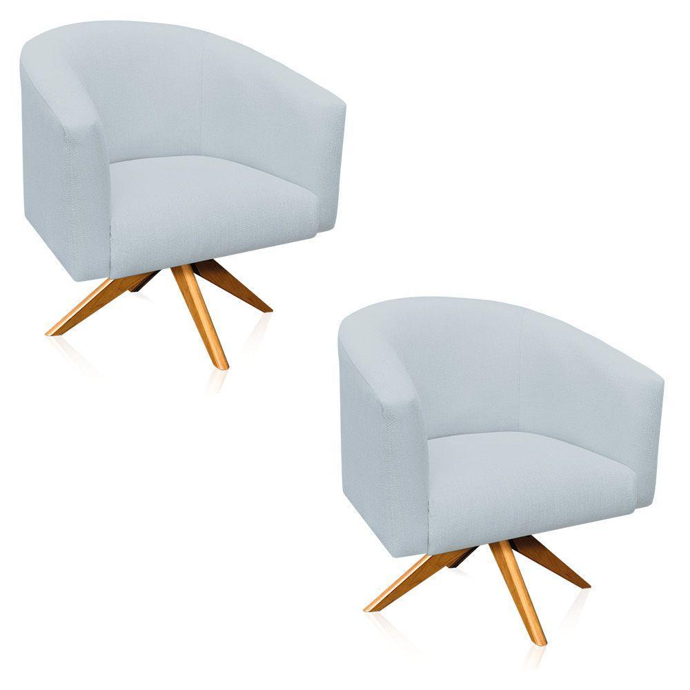 Kit 2 Poltronas Giratória Linho Cinza Claro Base Madeira - 1