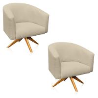 Kit 2 Poltronas Giratória Stella Linho Areia Base Madeira - 1