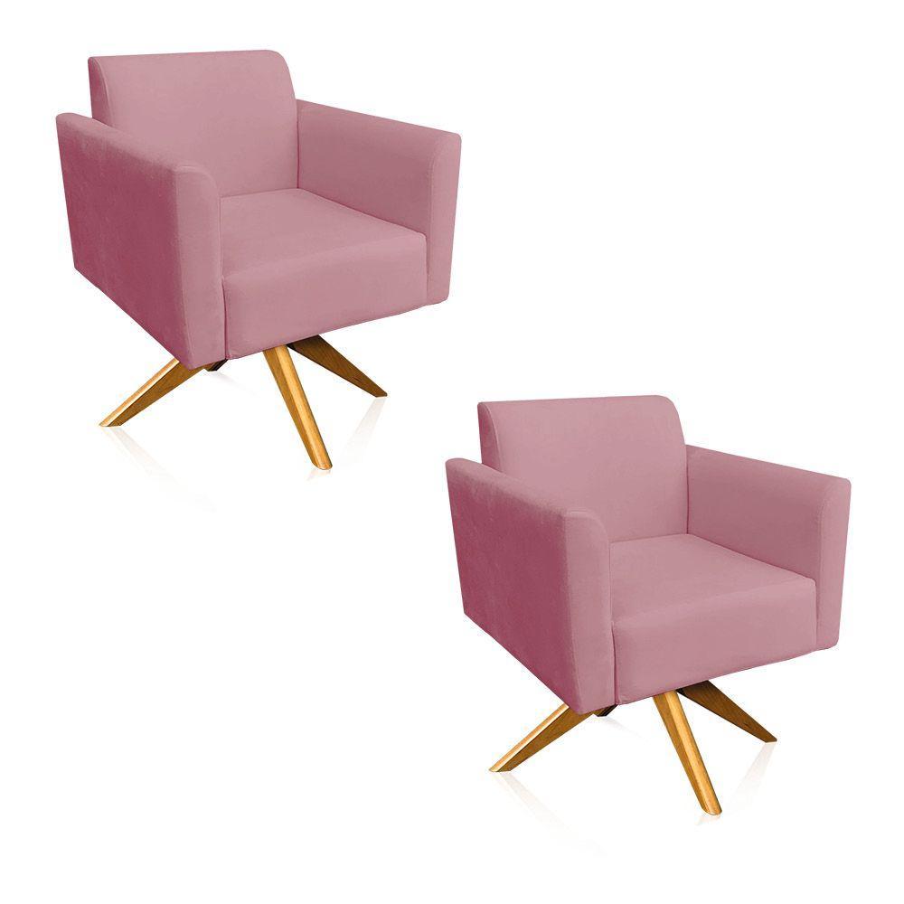 Kit 2 Poltronas Giratória Marisa Suede Base Madeira Rose - 1