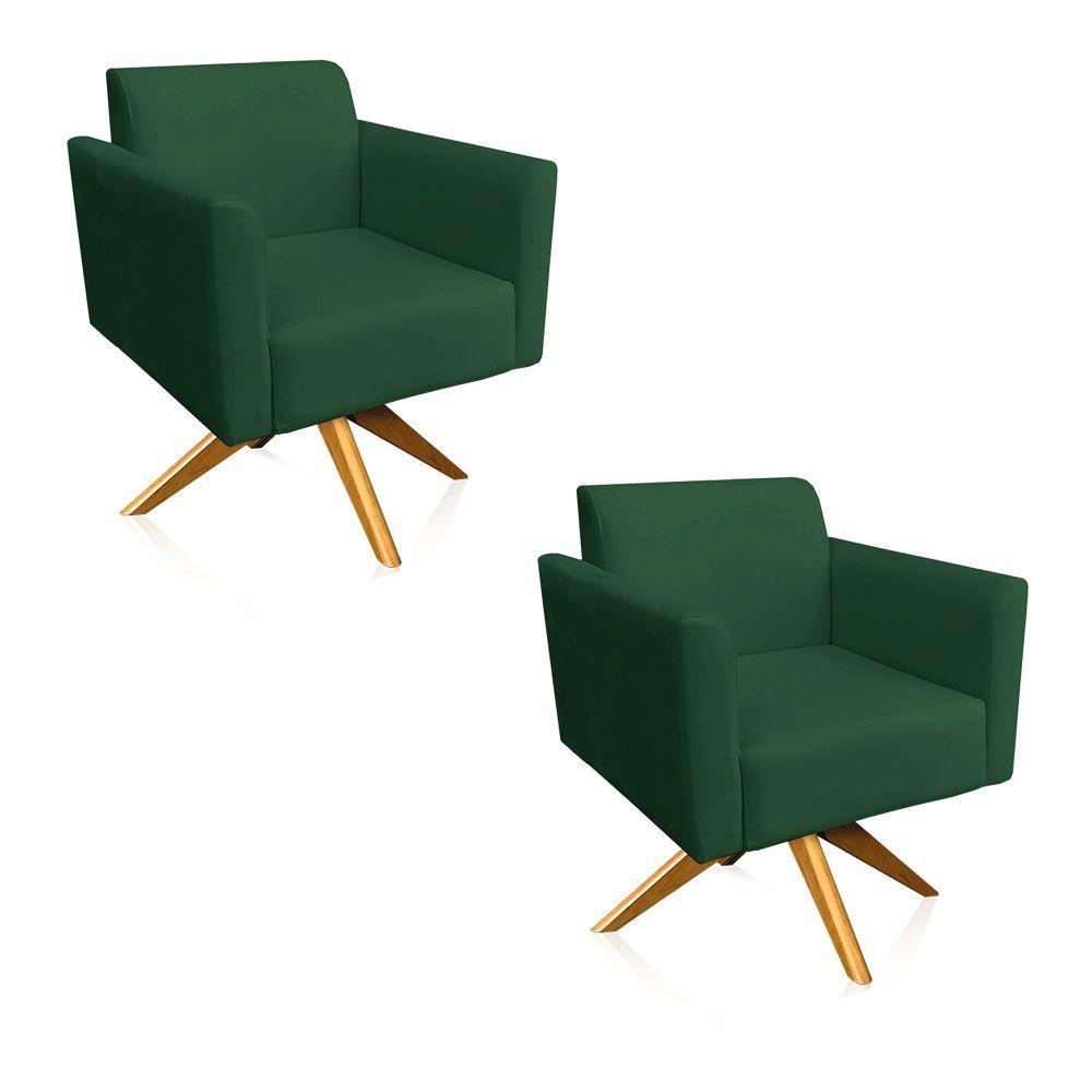 Kit 2 Poltronas Giratória Marisa Suede Base Madeira Verde - 1