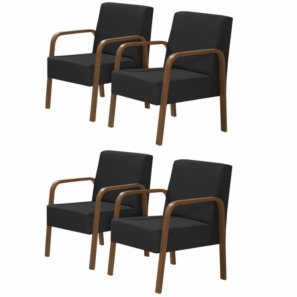 Kit 4 Poltronas 1 Lugar Luna Pé Madeira D Salla Suede Preto - 1