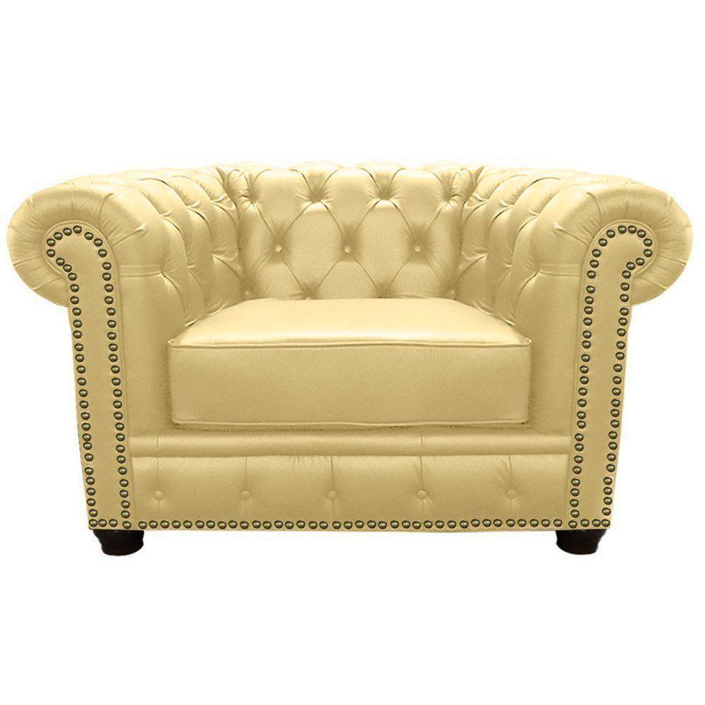 Poltrona Chesterfield com Pés Madeira Couro Bege - 1