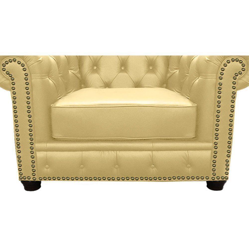 Poltrona Chesterfield com Pés Madeira Couro Bege - 3