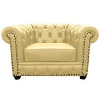 Poltrona Chesterfield com Pés Madeira Couro Bege - 1