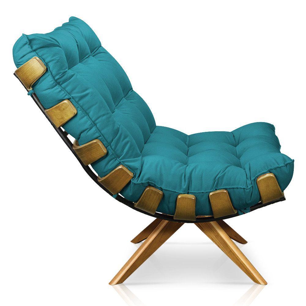 Poltrona Giratória Costela Suede Azul Turquesa Base Madeira - 2