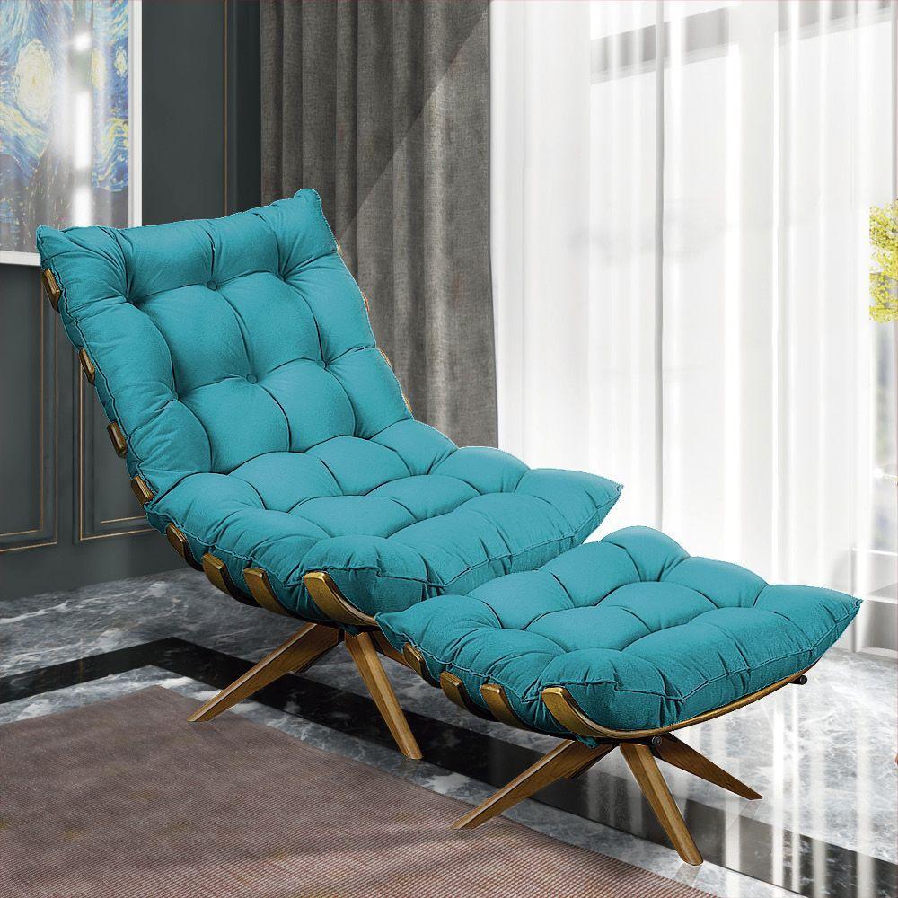 Poltrona Giratória Costela Suede Azul Turquesa Base Madeira - 4