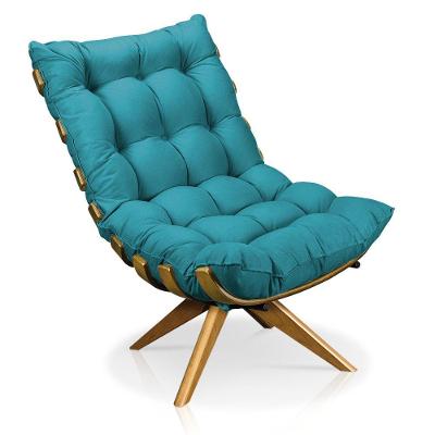 Poltrona Giratória Costela Suede Azul Turquesa Base Madeira