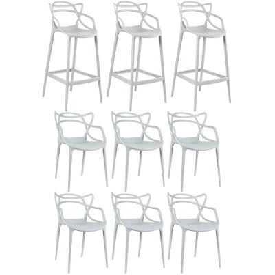 6 Cadeiras + 3 Banquetas Altas Masters Allegra Cinza Claro
