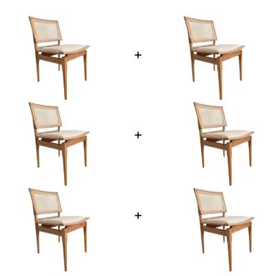 Conjunto De 6 Cadeiras Madeira Maciça Detalhe De Tela Sextavada E Assento Em Linho Marrom