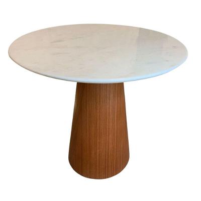 Mesa De Jantar Cone 80cm Base Madeira Natural Mogno E Tampo Mármore Branco Extra Branco