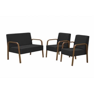 Conjunto Poltrona Jade Braço Madeira Suede Preto