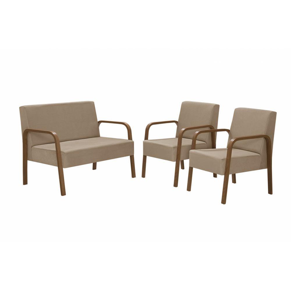 Conjunto Poltrona Jade Braço Madeira Dsalla Suede Cappuccino - 1