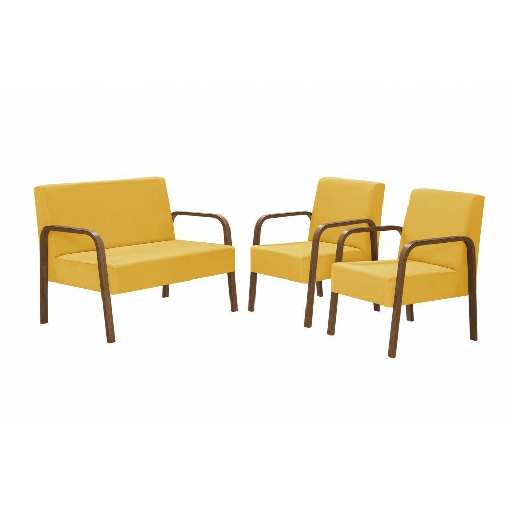 Conjunto Poltrona Jade Braço Madeira D Salla Suede Amarelo - 1